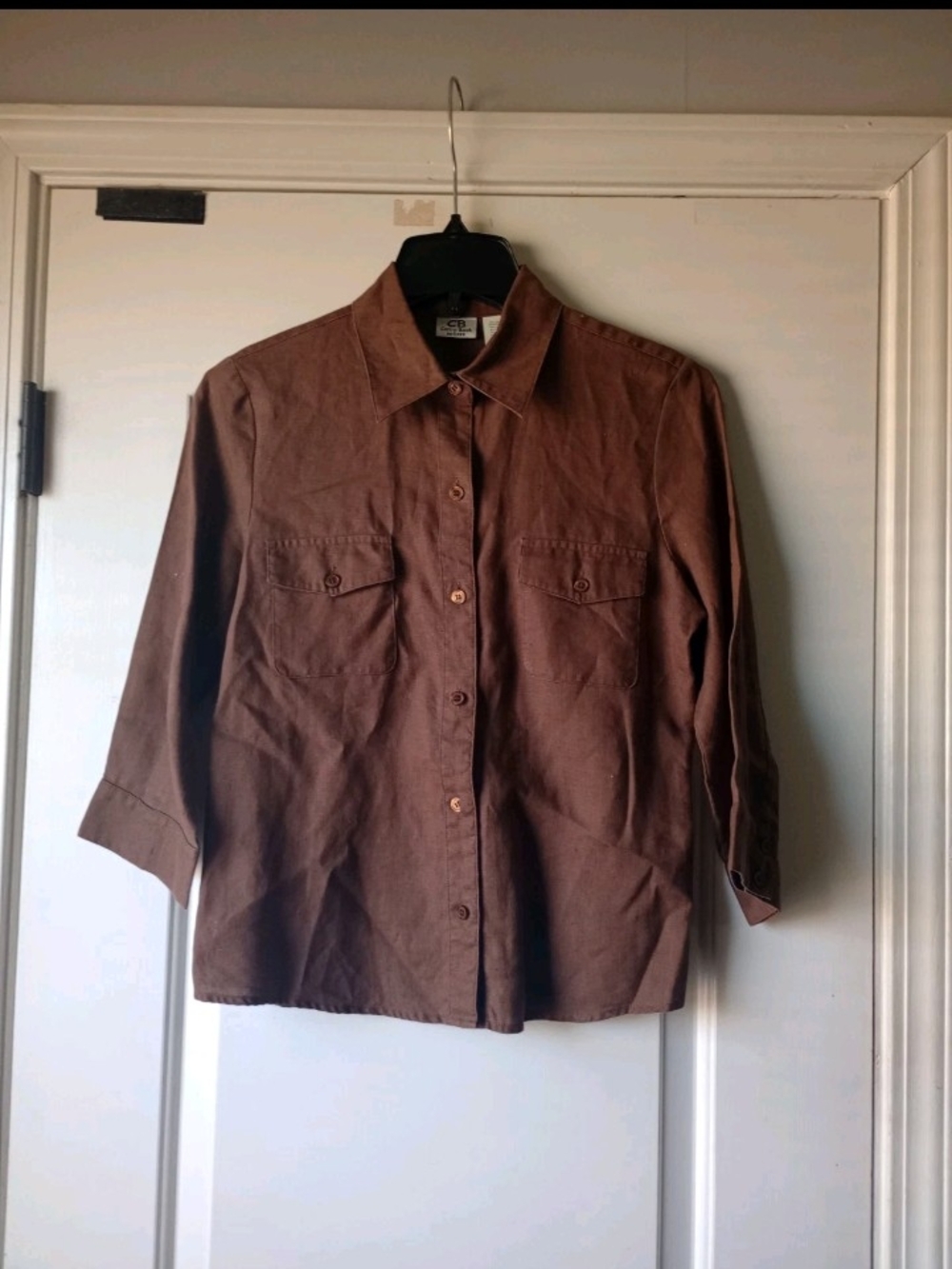 Vintage Carry Back Womens Chocolate 100% Linen Button Shirt Petite 6P Boho Chic